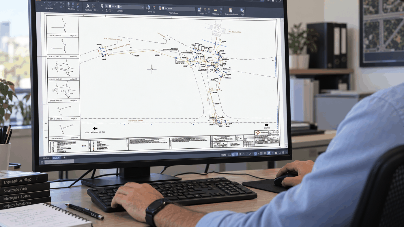 Engenheiro trabalhando em planta semafórica no CAD, imagem fornecida pela empresa