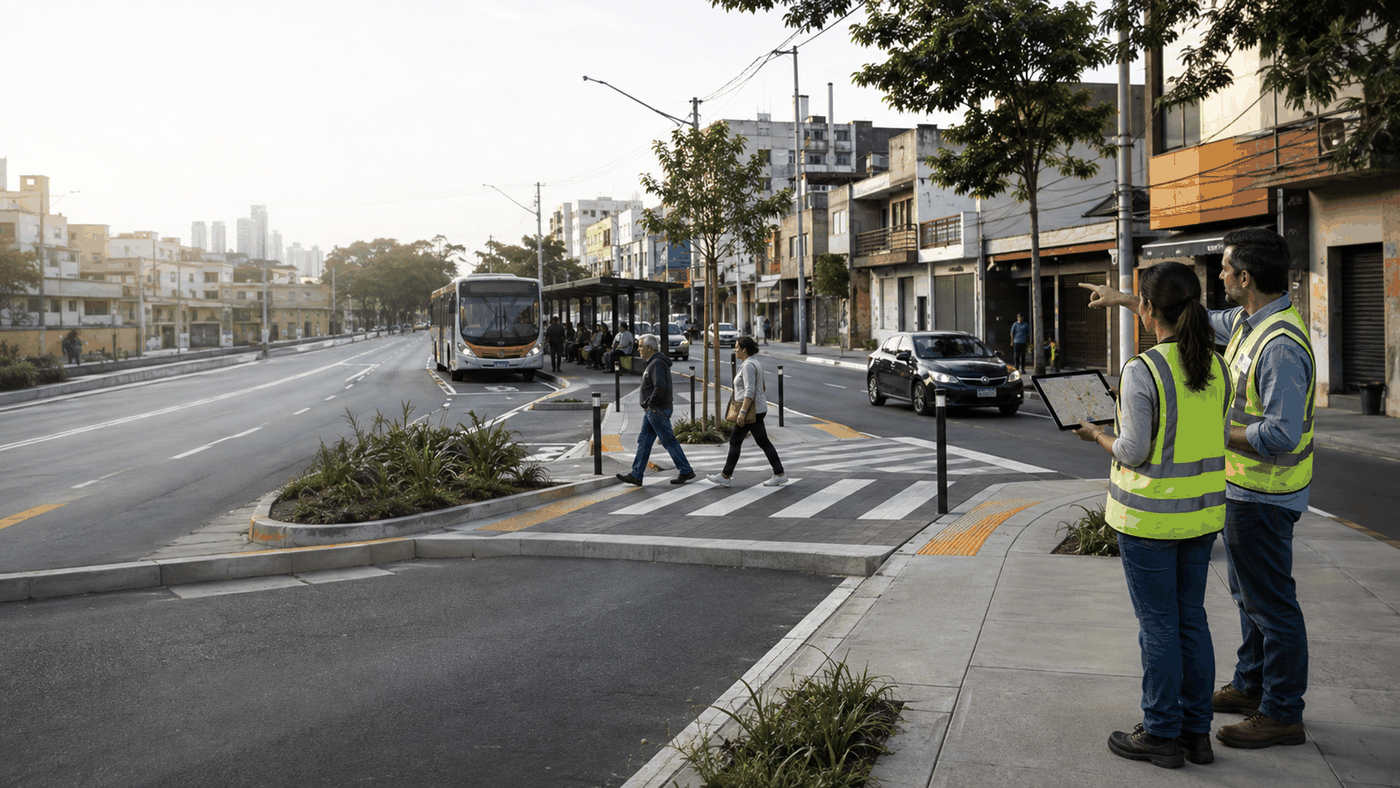 Profissionais observando os deslocamentos de pedestres e transporte coletivo em via urbana